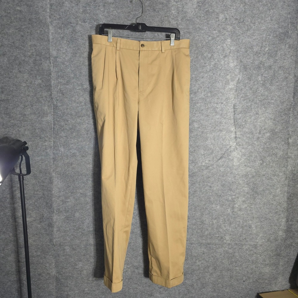 Brooks Brothers Thompson Advantage Chino Men 36x34 Khaki Pleated Cuffed Trousers